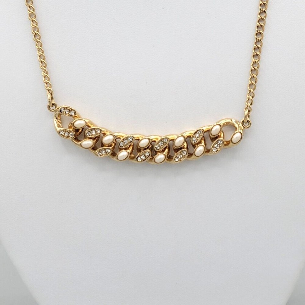 Ann Taylor Gold Tone Curb Chain Rhinestone Simulated Pearl Detail Necklace 17 in